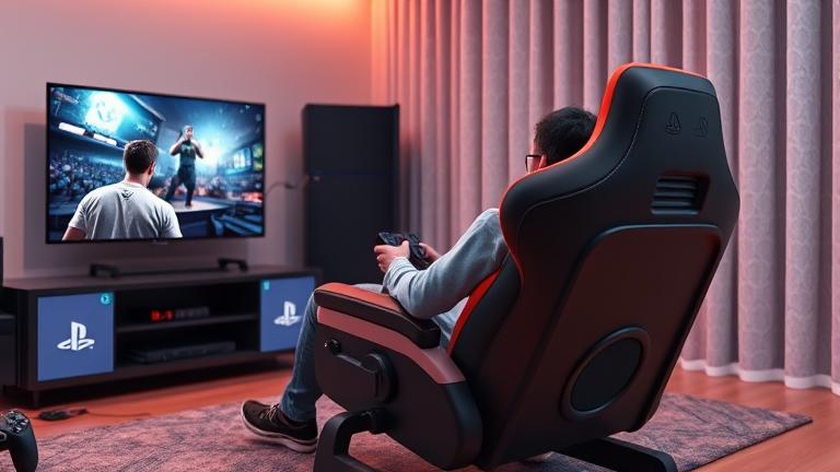 alt_text: Cozy gaming setup with a console, immersive chair, and TV displaying a PS4 game.