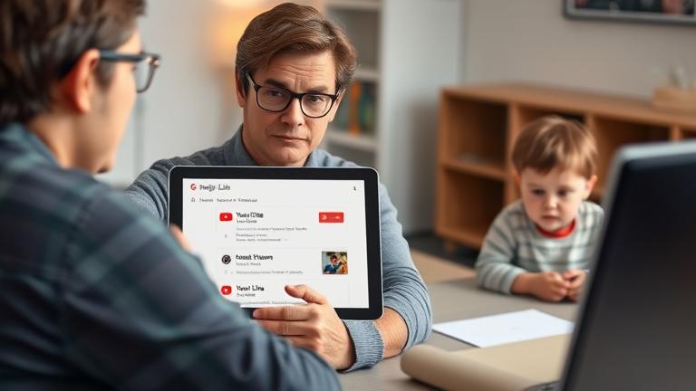 alt_text: Concerned parent manages child's YouTube access via Google Family Link at home.