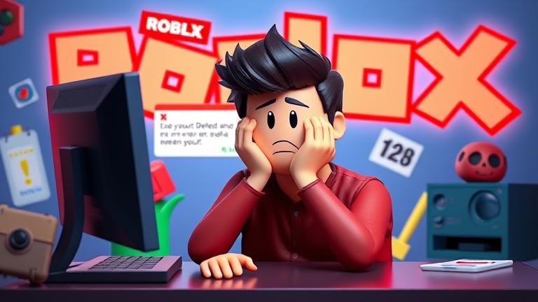 alt_text: Frustrated Roblox player at computer with error messages, Roblox logo, and account deletion alert.