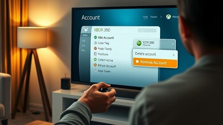 alt_text: Person manages Xbox 360 account on TV, highlighting 'Delete Account' in a cozy living room.