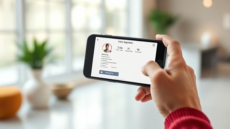 alt_text: Person holds phone showing Instagram bio with analysis tools, in a modern, lit setting.