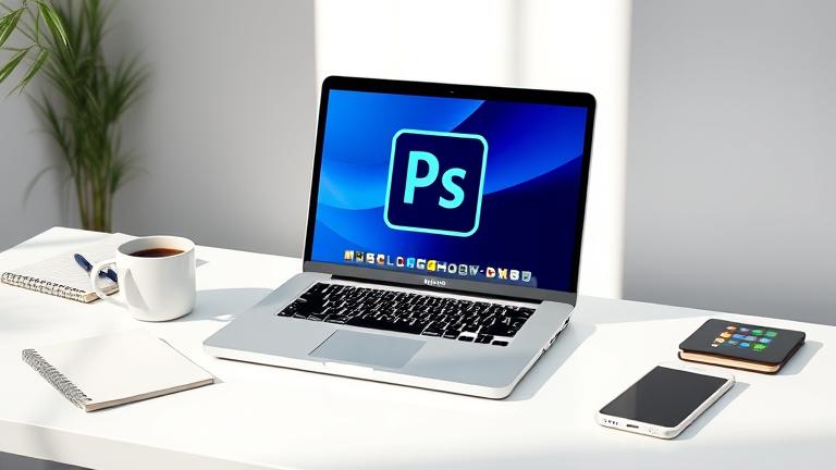 alt_text: MacBook on a desk with Photoshop CS6 logo, coffee mug, notepads—a professional workspace.