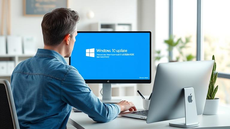 alt_text: Tech user troubleshooting Windows 10 update error 0x80004005 at a modern, organized desk.