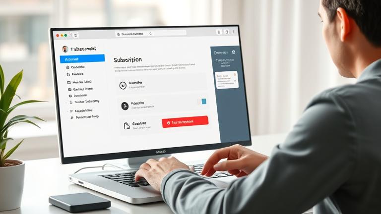 alt_text: Person at laptop managing subscriptions, focusing on cancel button in a home/office setting.