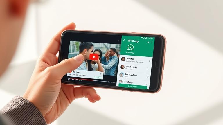 alt_text: Person sharing a YouTube video to WhatsApp status on phone in bright, modern setting.