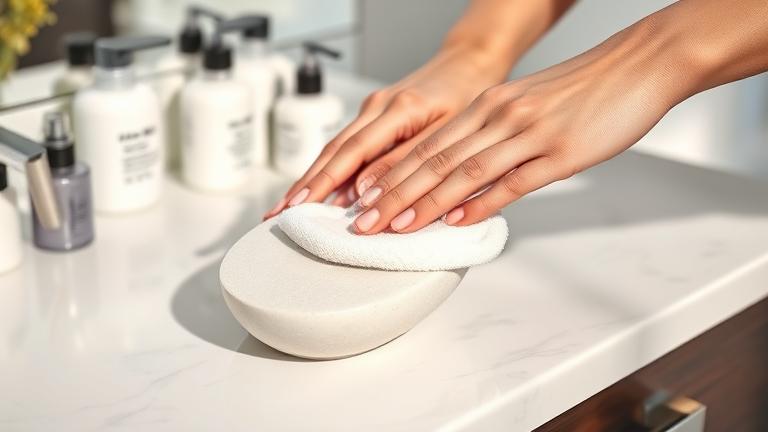 alt_text: Person gently cleans a gua sha stone in a bright, spa-like setting with skincare products.