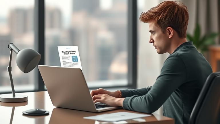 alt_text: Person concerned at desk with device, privacy icons, cityscape background, trusting vibe.