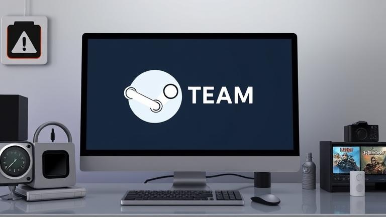 alt_text: Steam account expiring—clock, warning icons, and faded game icons on a gaming setup.