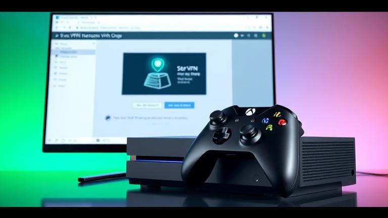 alt_text: Xbox One, controller, and screen with VPN setup steps and gaming symbols in vibrant colors.