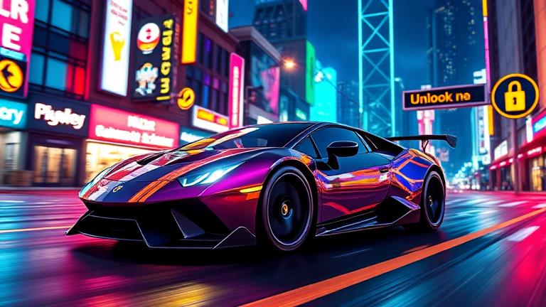 alt_text: Pixel car racing at night with neon lights, motion blur, and unlock hints.