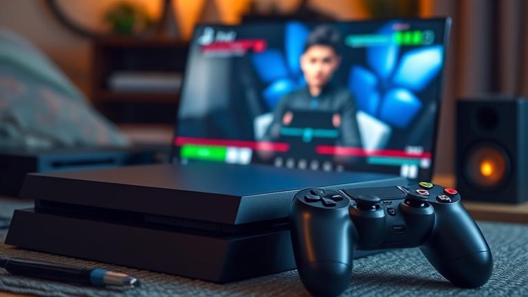 alt_text: PS4 gameplay with lag, frustrated player, cozy setup, warm lighting, emphasizing connection issues.