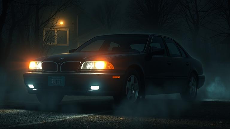 alt_text: Eerie scene of a car alarm deactivating amid ghosts, with a scared investigator nearby.