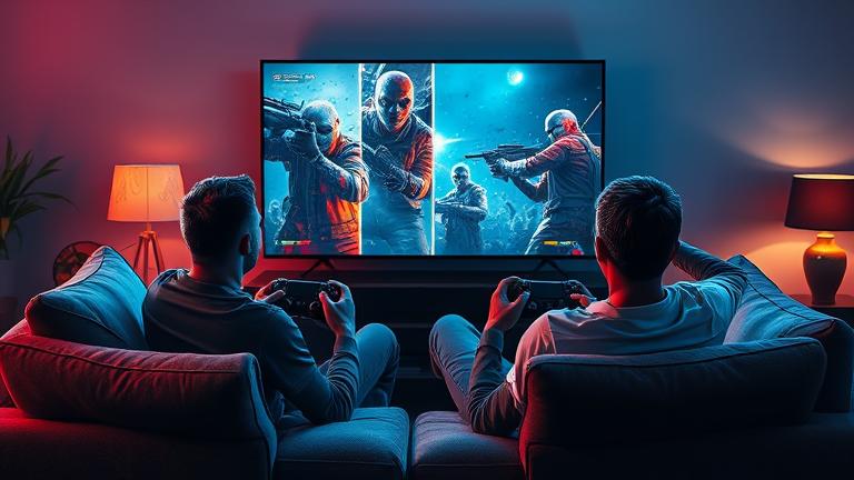 alt_text: Two players on sofa with PS4 controllers, split-screen zombie chaos on TV.