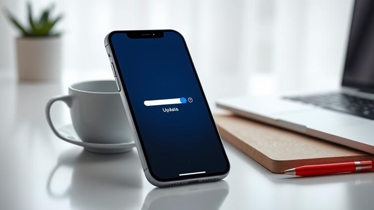 alt_text: iPhone updating with progress bar in a sleek, calm setting with laptop and coffee nearby.