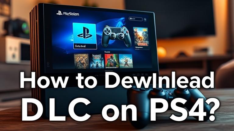 alt_text: PS4 with store interface, DLC download, stylish controller, cozy setup, "How to Download DLC on PS4?"