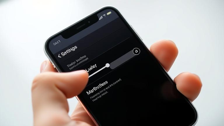alt_text: iPhone 7 screen showing Display & Brightness, with a finger lowering brightness.