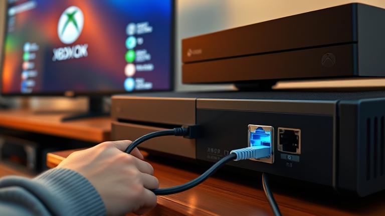 alt_text: Person connects Xbox to internet with Ethernet cable in a cozy, vibrant gaming setup.
