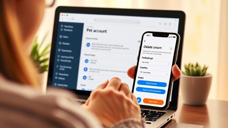 alt_text: User deletes Petsitter account via app; clear steps shown with friendly, easy navigation cues.