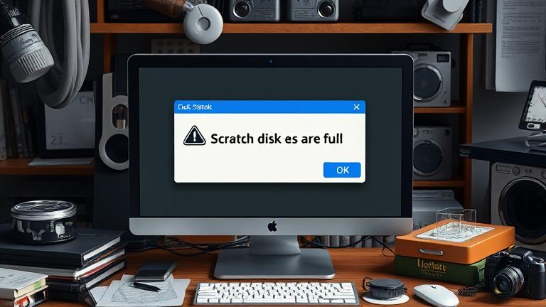 alt_text: Photoshop error "Scratch disks are full" shown on screen with warning, cluttered workspace.