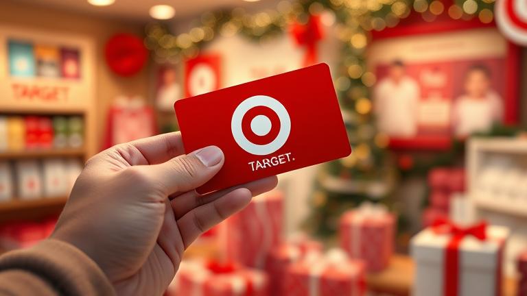 alt_text: Person holds a Target gift card in a cozy shopping scene, perfect for gifting.