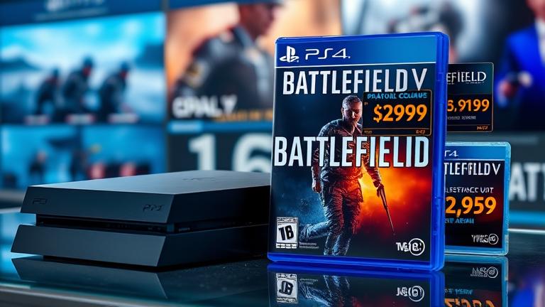 alt_text: PS4 with Battlefield V case, price tags, gaming setup, action scenes evoke a gaming vibe.