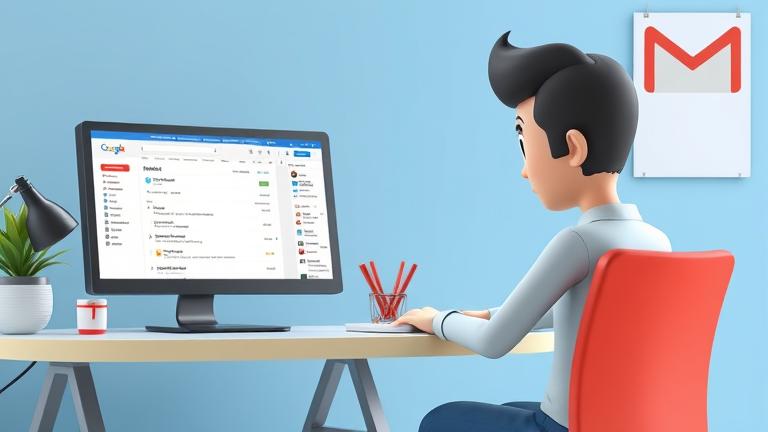alt_text: Person at desk blocking Gmail account, showing inbox and blocked contacts on screen.