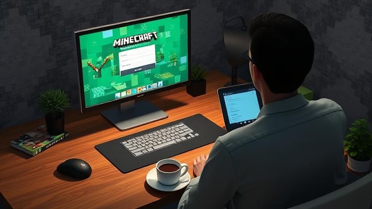 alt_text: Person at desk with Minecraft login screen, coffee, tablet, and Minecraft-themed items.