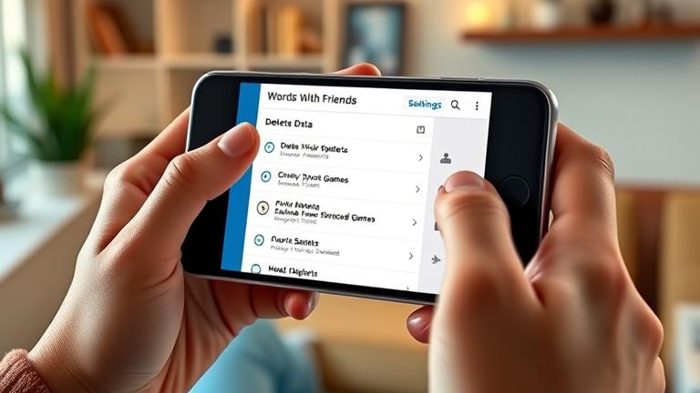 Person manages "Words With Friends" on phone in cozy setting, deleting synced games easily.