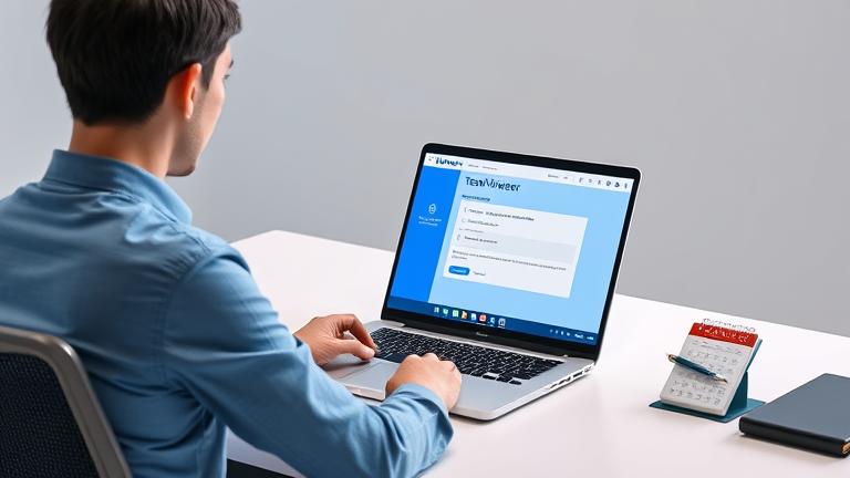 alt_text: Person at modern desk using TeamViewer on laptop, with calendar and checklist nearby.