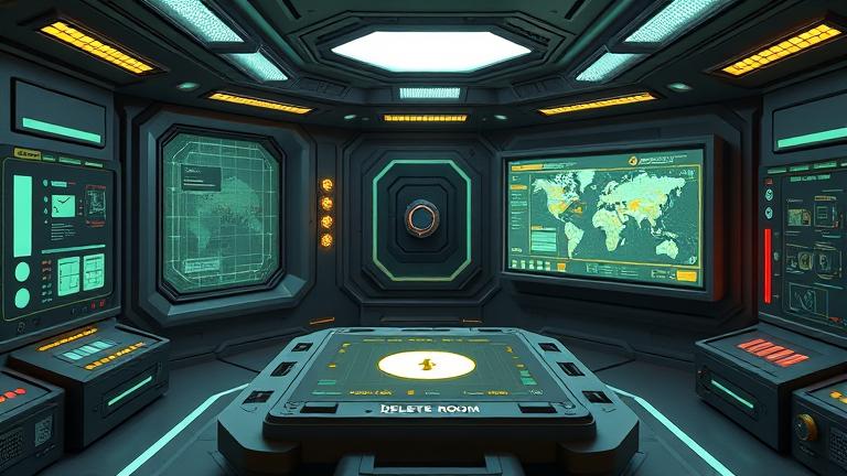 alt_text: Modern fallout shelter control room with a digital map and "Delete Room" highlight.