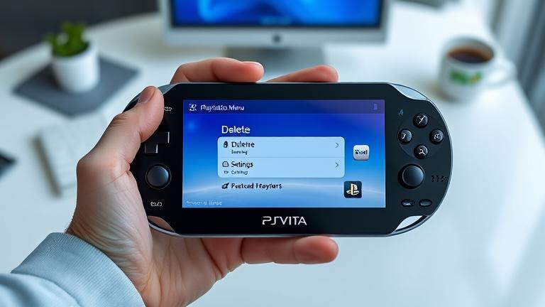 alt_text: Person holds PS Vita with delete menu open, in neat workspace, highlighting data management.