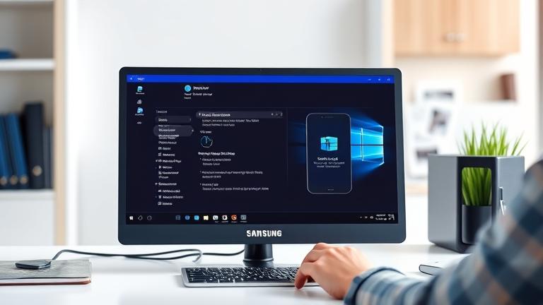 alt_text: Modern Samsung PC screen showing screenshot process; person using keyboard in bright workspace.