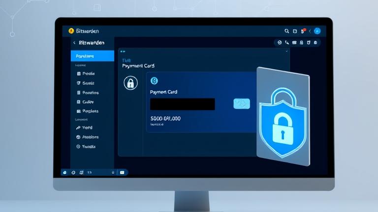 Alt text: Secure Bitwarden vault showing hidden payment card info with shield icon for privacy.