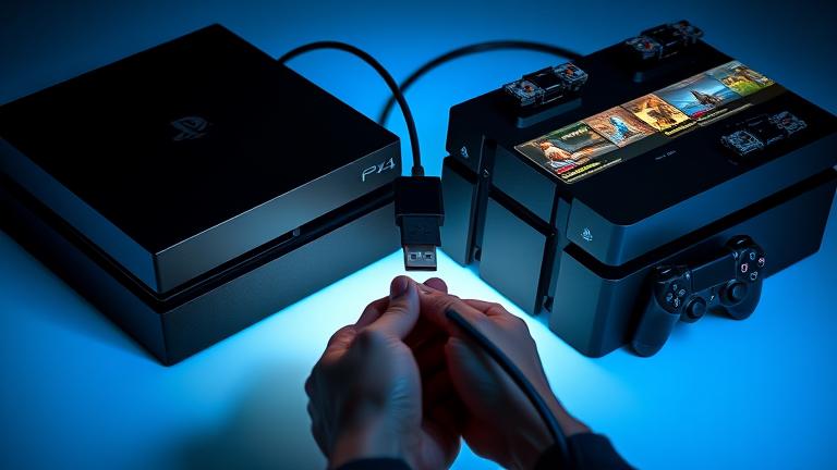alt_text: Two PS4s connected via USB with visible game cases, glowing lights show data transfer.