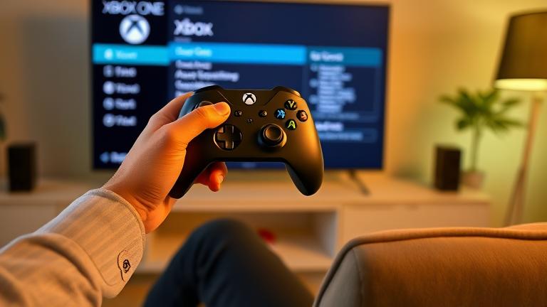alt_text: Person holding Xbox controller, TV screen, checklist on deleting Xbox account, warm lighting.