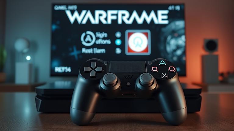 alt_text: PS4, controller, Warframe screen, reset icon, gear menu—tech support vibe.