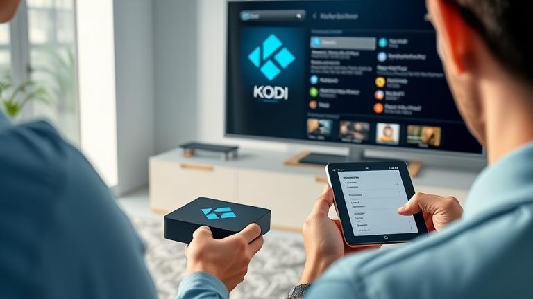 alt_text: Person installs Kodi 17.4 on Android box connected to TV, with device and app store shown.