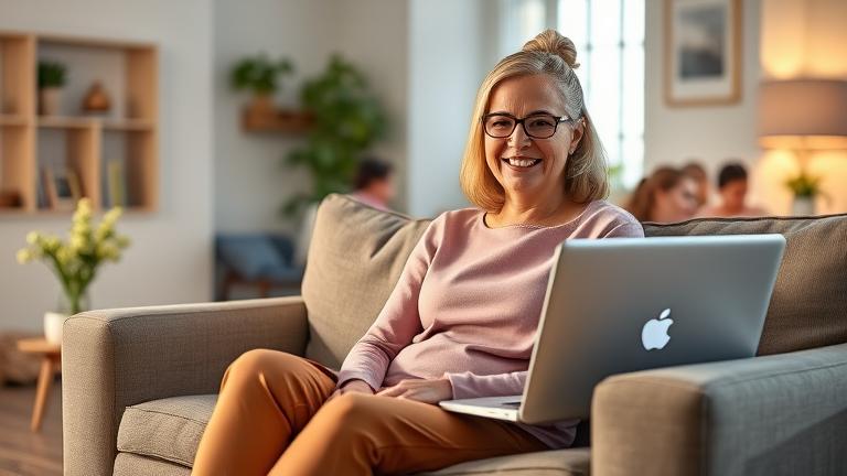 alt_text: Friendly caregiver with laptop in modern home, warm scene, showcasing Sittercity’s trusted, accessible services.