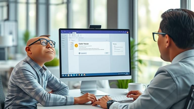 alt_text: Professional struggles sharing Teams files to Outlook amid errors in a modern office.