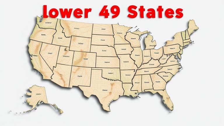 alt_text: Map highlighting the 48 lower US states with Alaska below, emphasizing the "Lower 49 States".