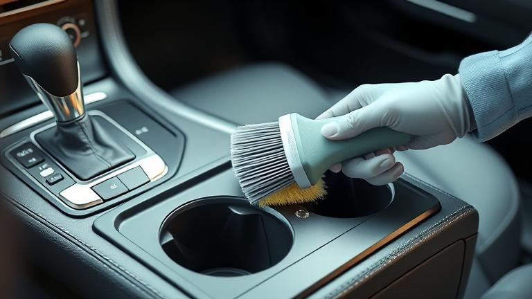 Alt_text: Person cleaning car's cup holder, water droplets visible, bright and tidy interior.