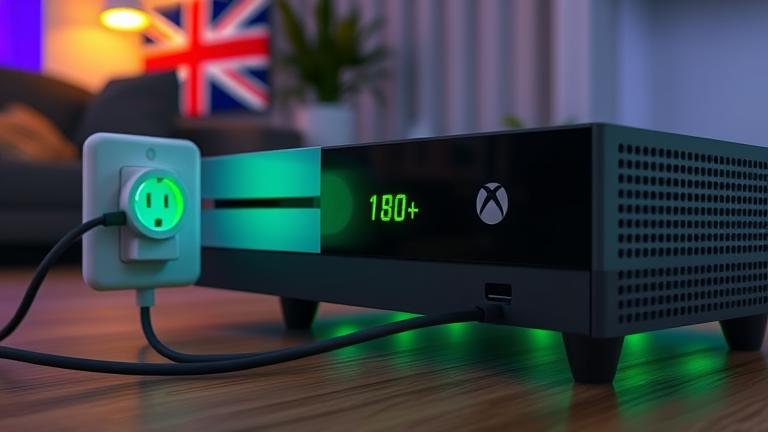 alt_text: Xbox One connected to UK socket with wattmeter showing energy use, in a cozy gaming setup.