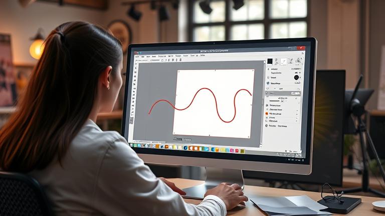 alt_text: Realistic studio scene of a person editing paths in Illustrator, with interface highlights.