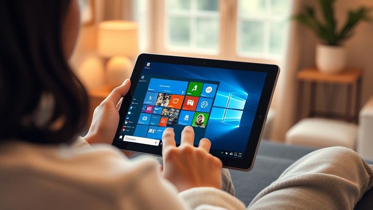 alt_text: Person uses Windows 11 tablet mode on a sleek device in a cozy, well-lit setting.
