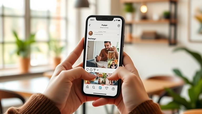 alt_text: Person reopens a photo on Instagram with a smartphone in a cozy, well-lit workspace.