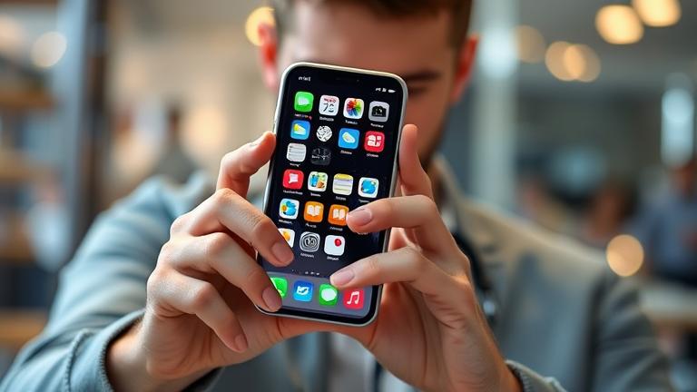 alt_text: Person holds iPhone, exploring apps and activity indicators, emphasizing curiosity and privacy.