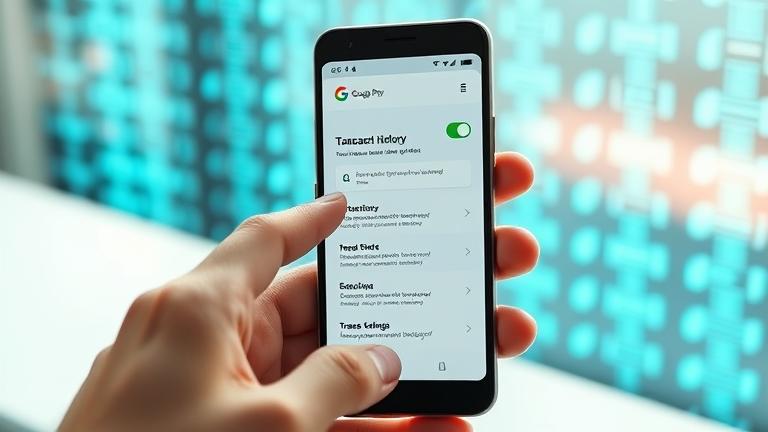 alt_text: Smartphone showing Google Pay transaction history settings, highlighting privacy controls.