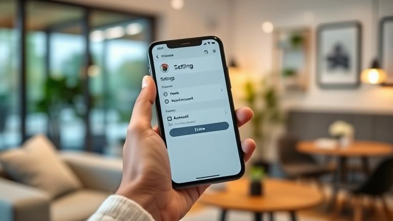 alt_text: Person holding smartphone with Cod app settings, highlighting account deletion in a cozy space.