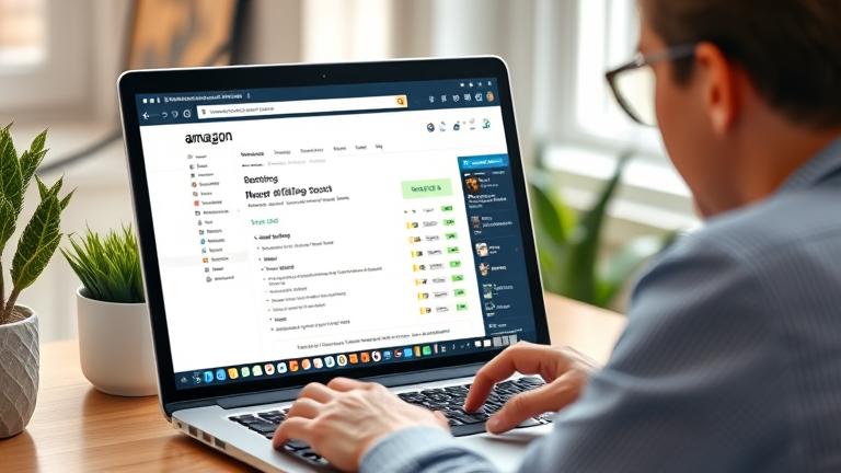 alt_text: Person managing Amazon affiliate ID on laptop with charts and settings icons visible.