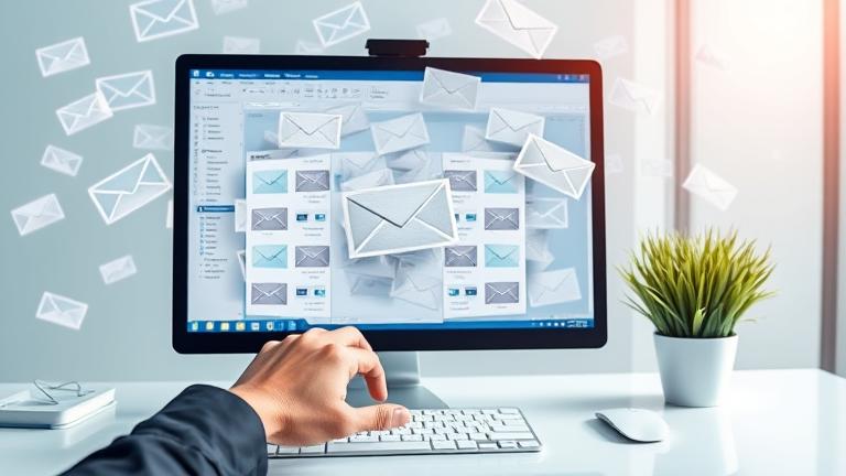 alt_text: Person managing overflowing inbox on computer, deleting emails efficiently in a modern office.